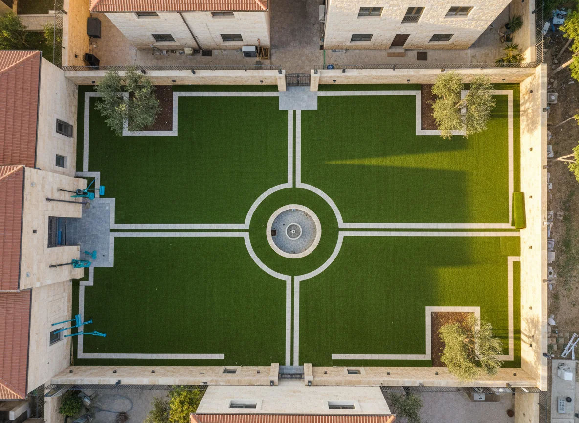 דשא סינטטי אירופאי איכותי מסוג קנטיגן משודרג בגינה אחורית של בית בישראל, בהתקנה מקצועית וגיאומטריה נקייה, מוקף בדפנות אבן וברקע עיצוב חיצוני מסורתי יהודי